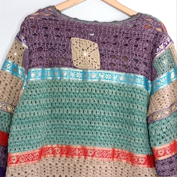 Vintage 90's Boho Patchwork Beaded Accents Sz L Relaxed Artisan Crochet Sweater - Picture 6 of 12